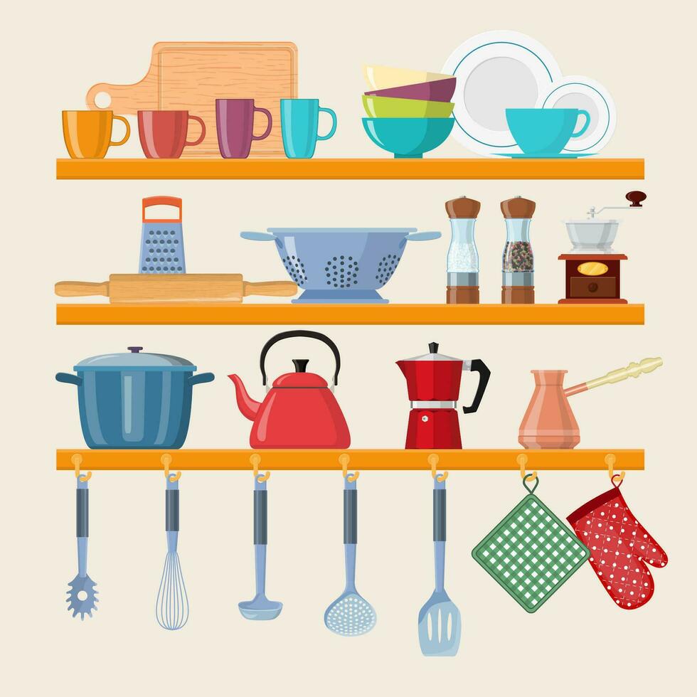 Kitchen shelves with tableware. Kitchen shelves with cooking tools and hanging pots. home interior. Vector illustration in flat style.