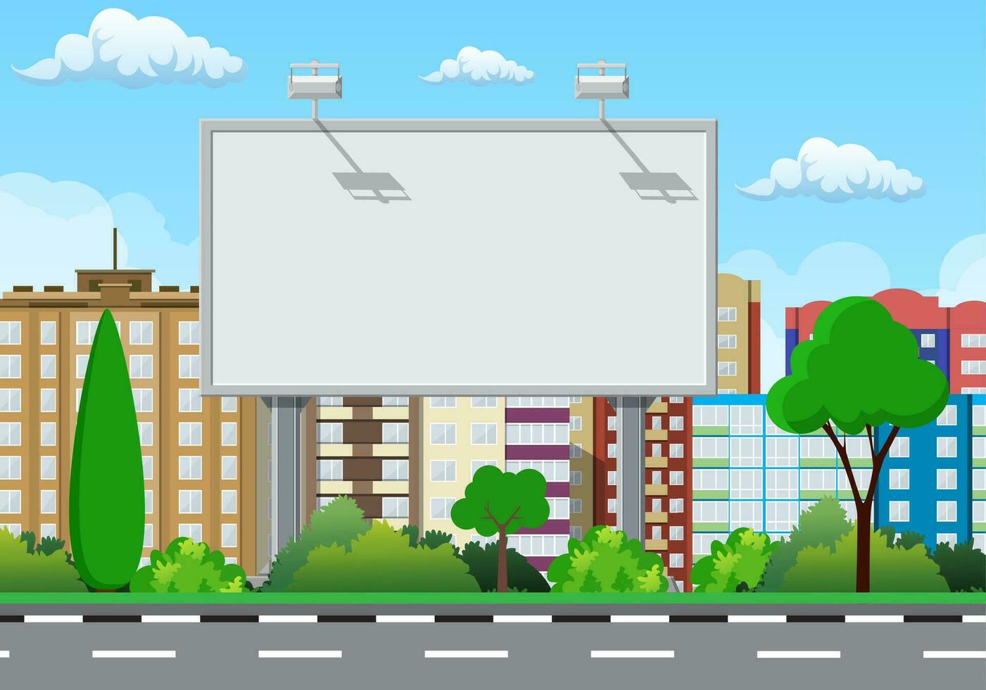 vacío urbano grande tablero o cartelera con lámpara. blanco Bosquejo. márketing y anuncio publicitario. paisaje urbano antecedentes con edificios, cielo y nubes vector ilustración en plano estilo