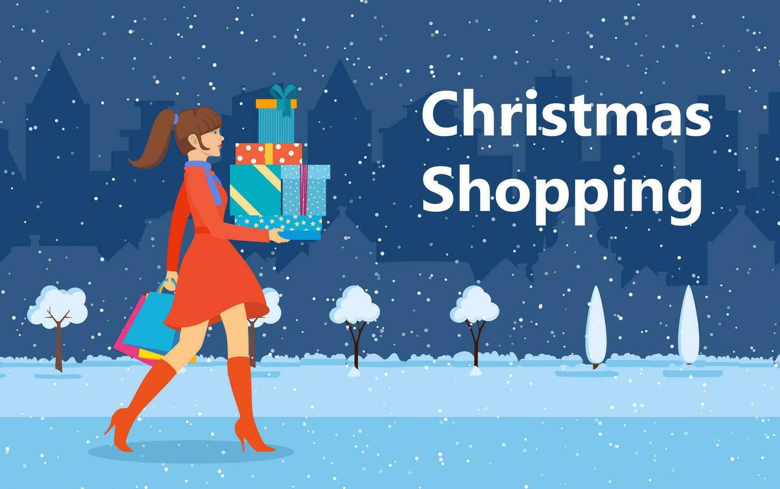 mujer con compras pantalones caminando en nieve en el ciudad. alegre Navidad venta. vector ilustración en plano estilo.