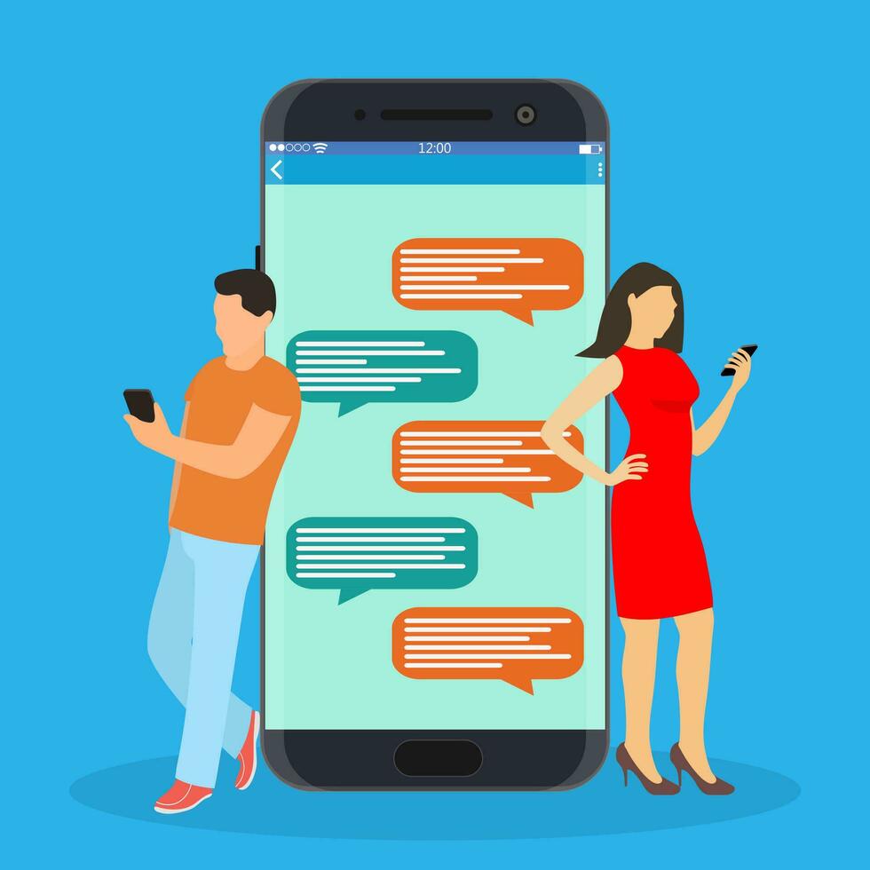 happy people use mobile smartphonefor chatting in social media, for, landing page, template, ui, web, mobile app, poster, banner, flyer. Vector illustration in flat style