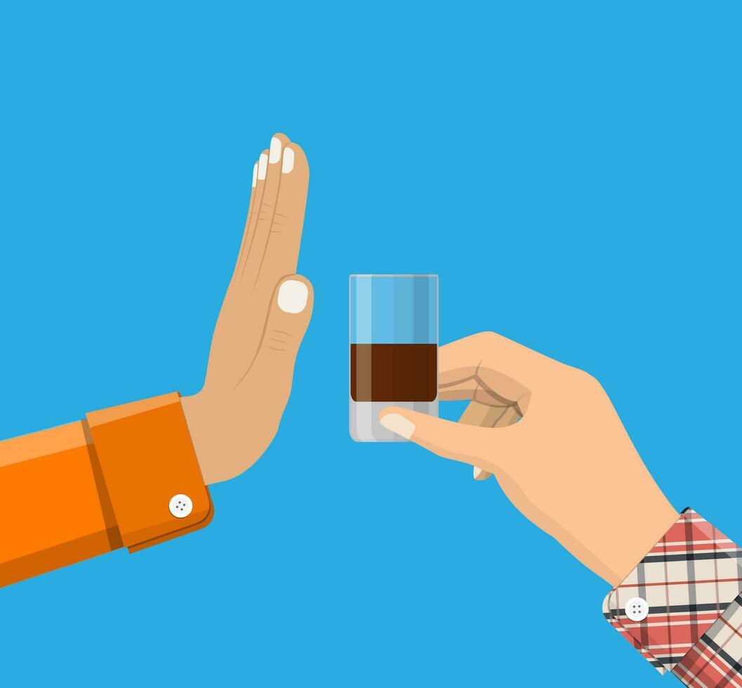 Alcohol abuse concept. Hand gives glass of whiskey to other hand. Stop alcoholism. Rejection. Vector illustration in flat style