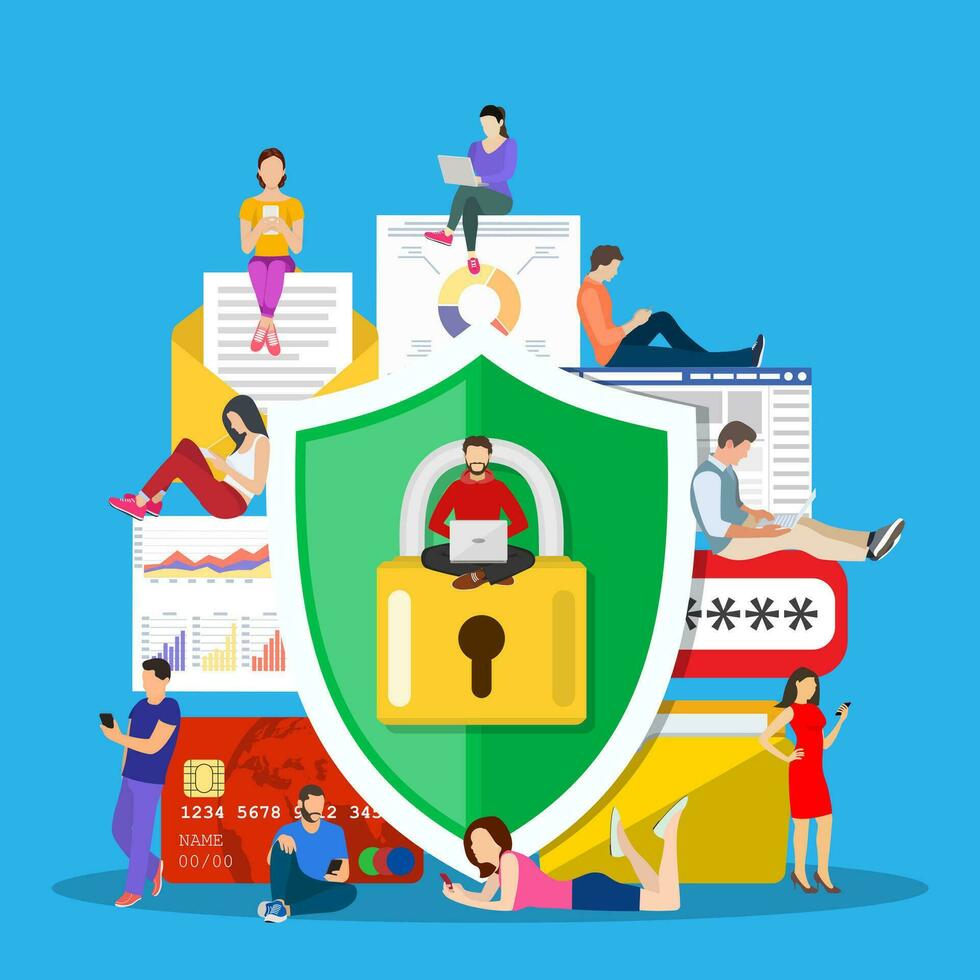 Data protection concept.Safety and confidential data protection, concept with characters. Internet security. Vector illustration in flat style