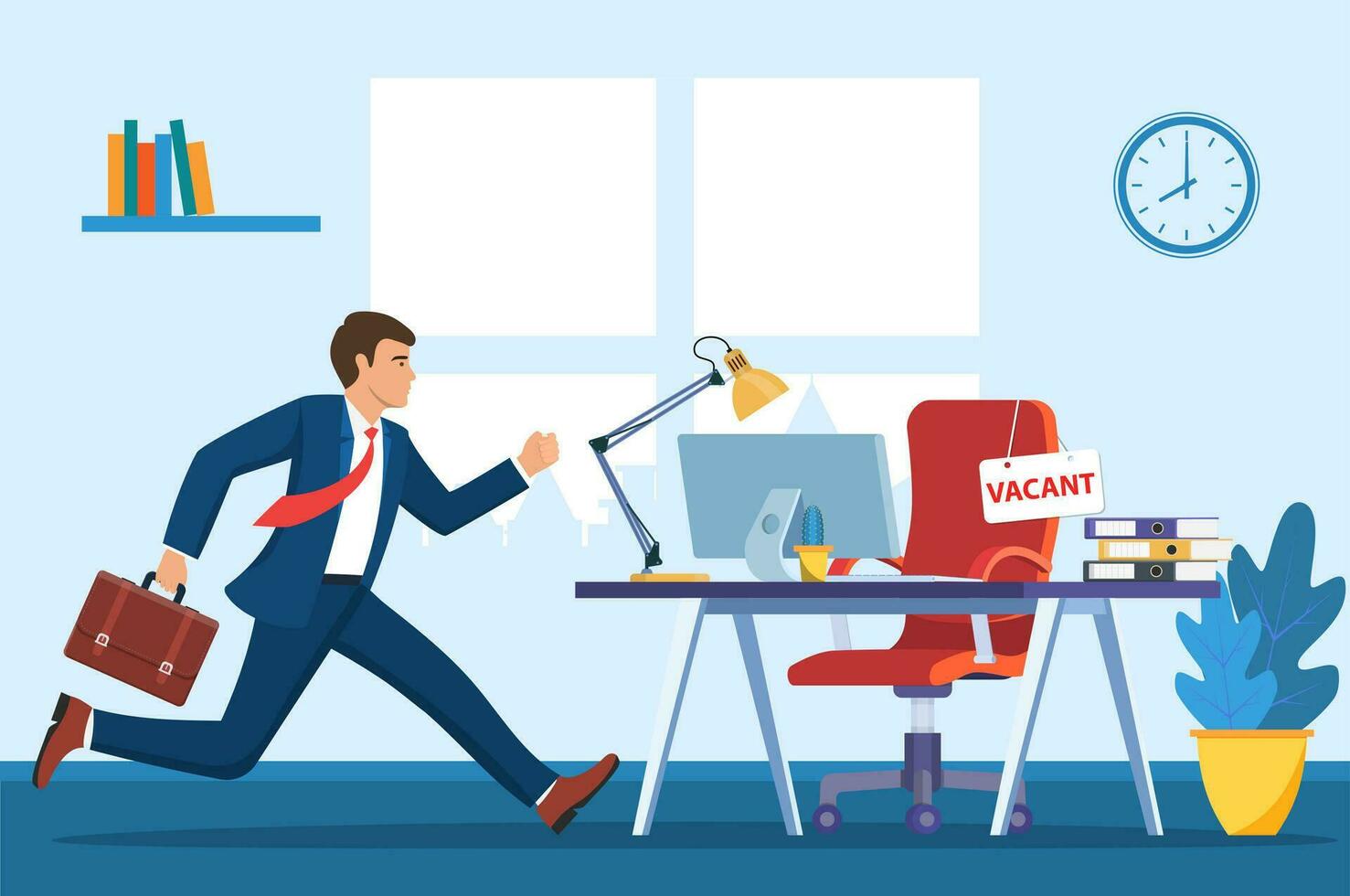 Office chair, sign vacancy. Employee and table with office items. Hiring and recruiting. Human resources management, searching professional staff work. Vector illustration in flat style
