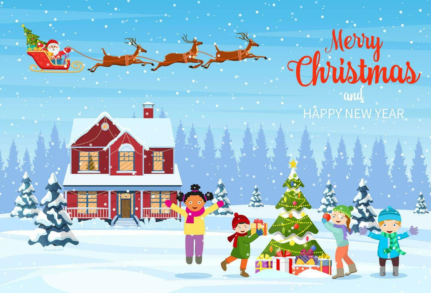 contento nuevo año y alegre Navidad saludo tarjeta. Navidad paisaje. niños decorando un Navidad árbol. invierno vacaciones. Papa Noel claus con ciervos en cielo. vector ilustración en plano estilo