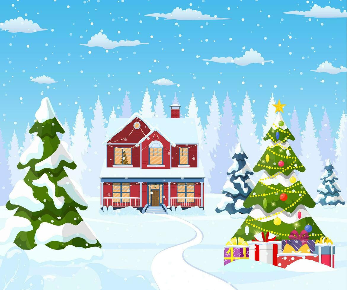 Suburban house covered snow. Building in holiday ornament. Christmas landscape tree spruce. Happy new year decoration. Merry christmas holiday. New year xmas celebration. Vector illustration