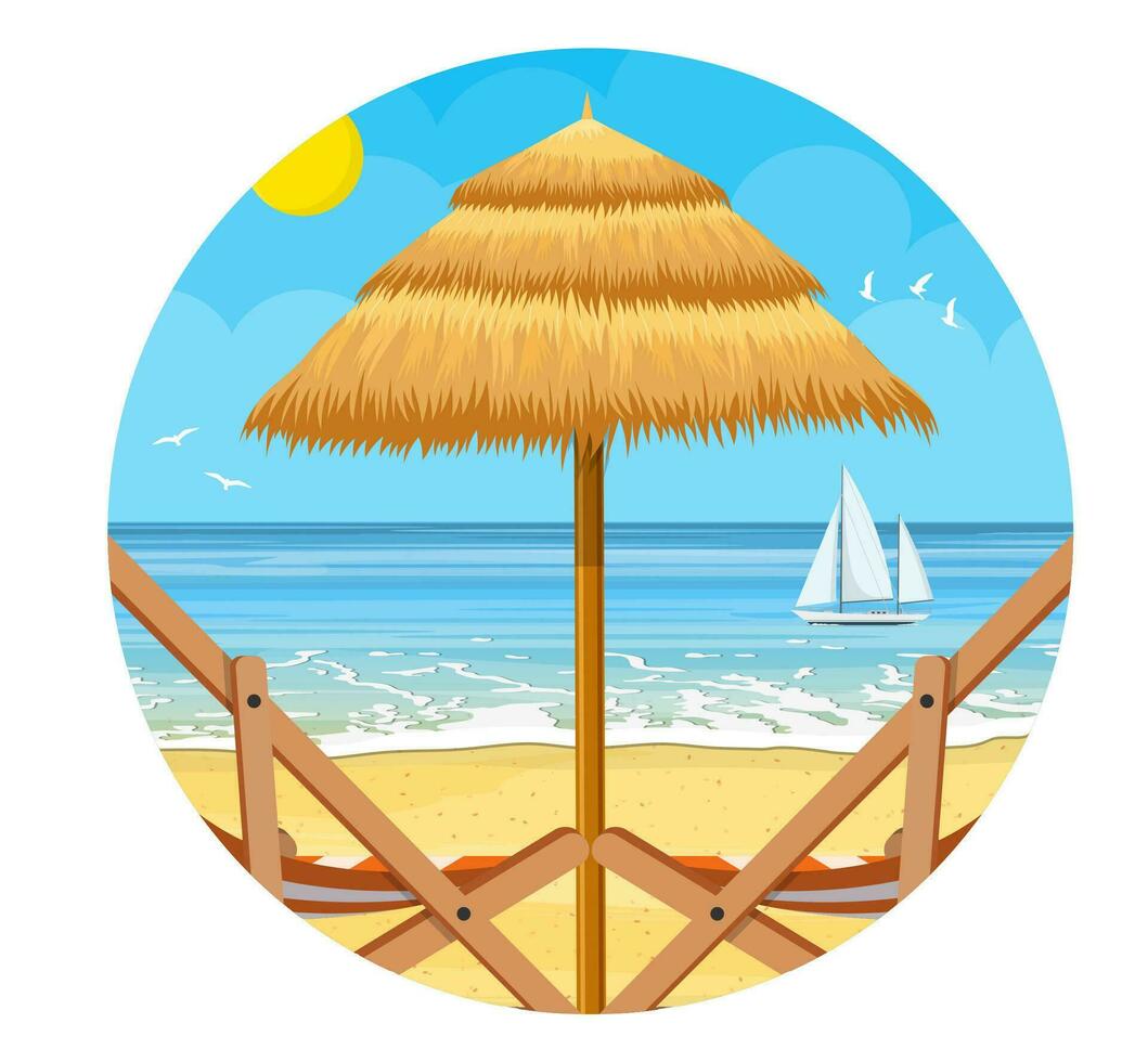 paraíso playa de el mar con yates y palma arboles tropical isla complejo. vector ilustración en plano estilo