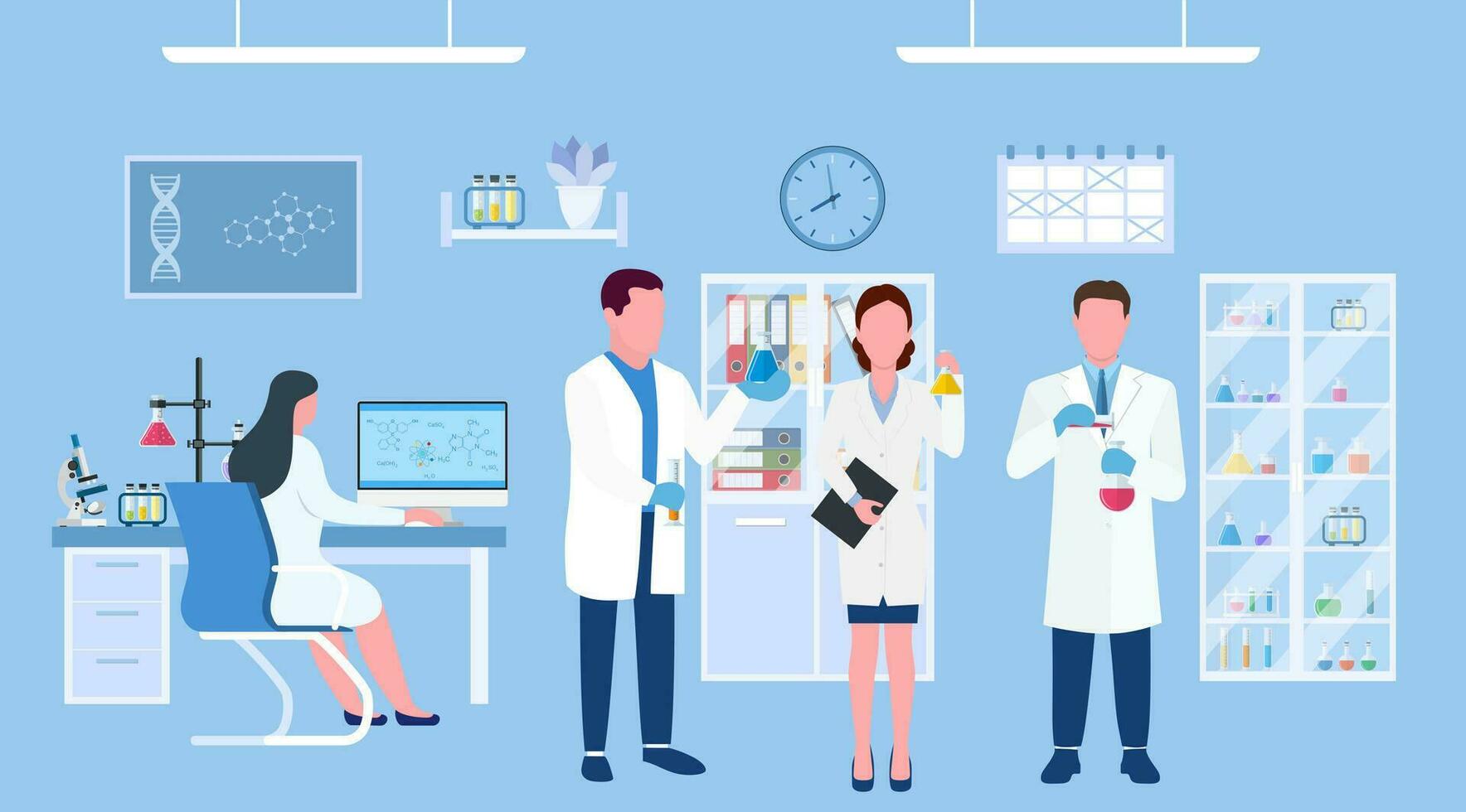 Scientists in lab. Scientist people wearing lab coats, science researches and chemical laboratory experiments. Chemistry laboratories, microbiology research. Vector illustration in flat style.