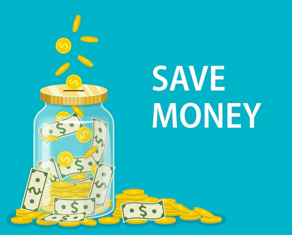 Money Jar. Saving dollar coin in jar.Save your money concept. Vector illustration in flat style