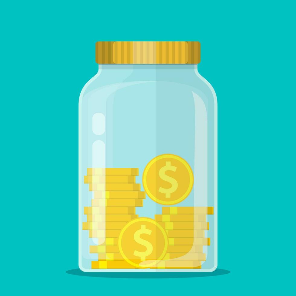 Money Jar. Saving dollar coin in jar.Save your money concept. Vector illustration in flat style