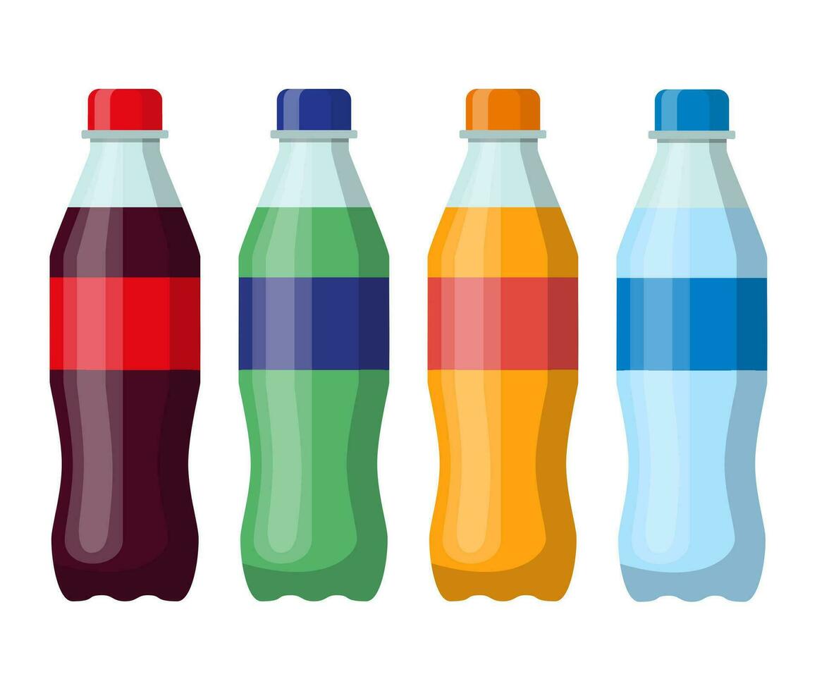 Plastic beverage bottles icon set. Cola, orange soda, water and green iced tea. Bottled cold drinks. Vector illustration in flat style