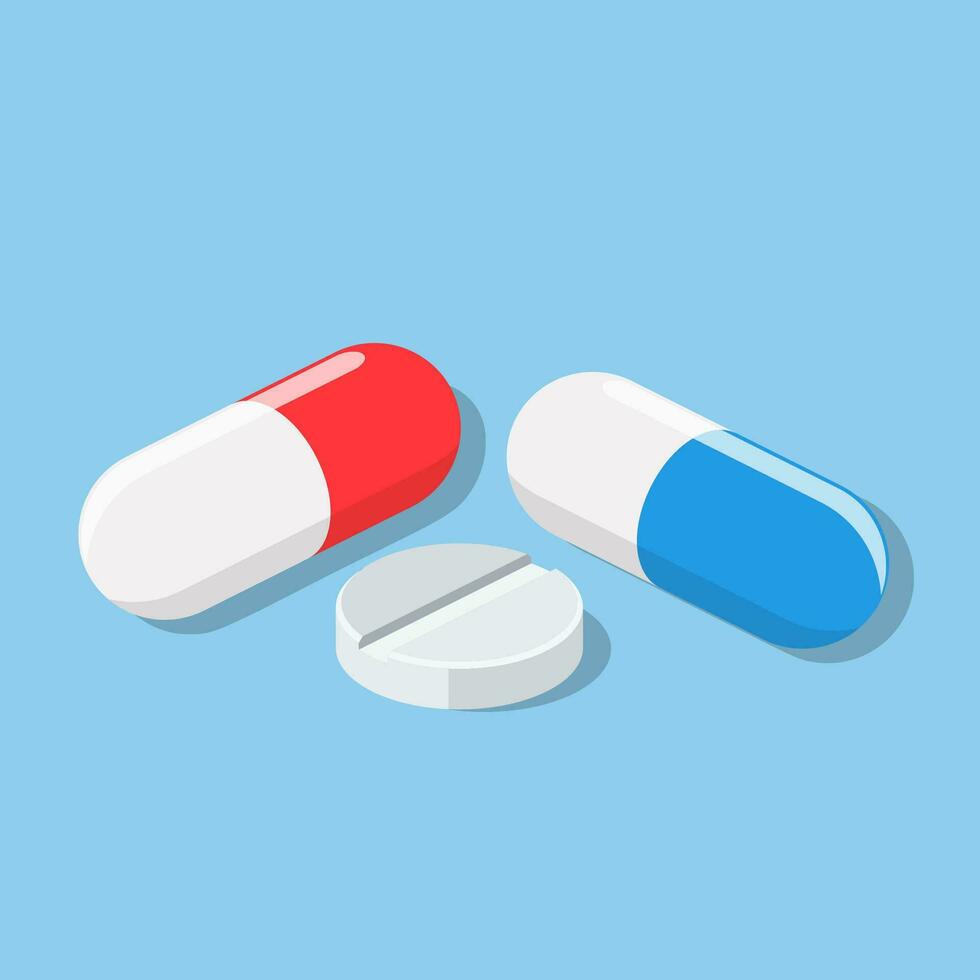 Set of vector pills and capsules isometric icon. painkillers, antibiotics, vitamins and aspirin. Medical pills icon. vector illustration in flat style