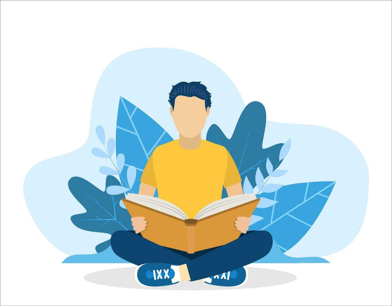 Young man reading book sitting in nature. Education, reading, studying. Vector illustration in flat style.