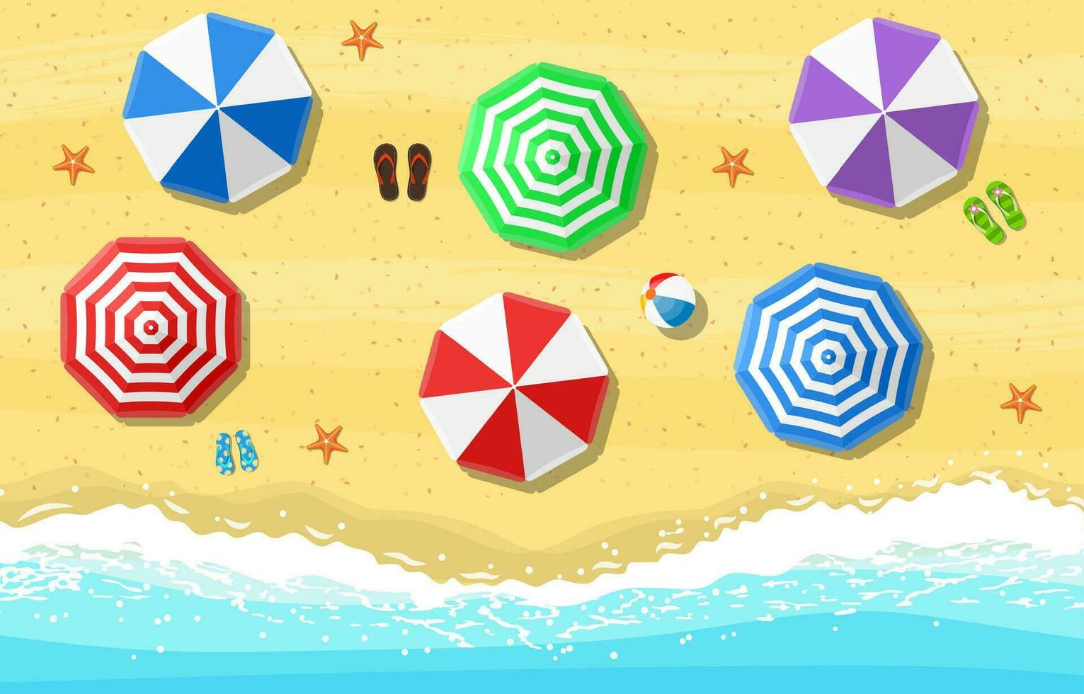 beach sun umbrellas flip-flops and beach Mat on the background of sand near the sea surf with starfish, top view. Vector illustration in flat style