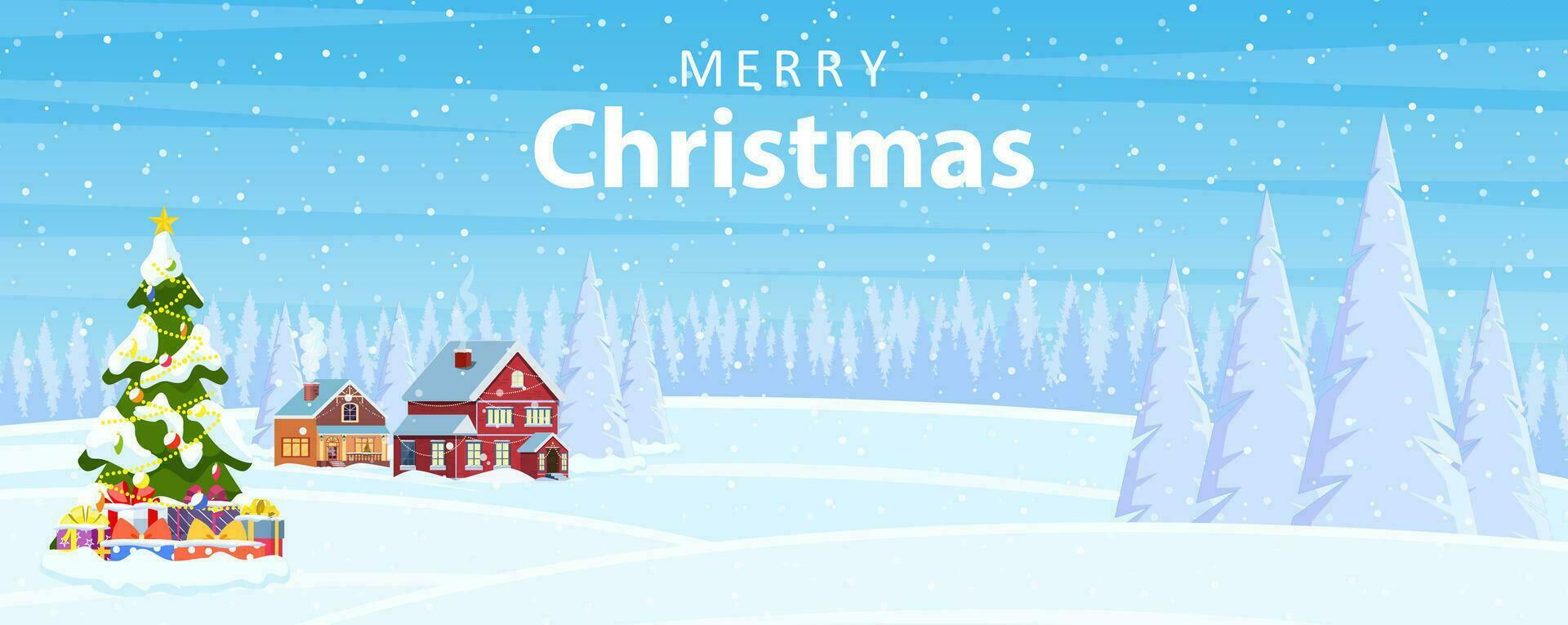 Suburban house covered snow. Building in holiday ornament. Christmas landscape tree spruce. Happy new year decoration. Merry christmas holiday. New year xmas celebration. Vector illustration