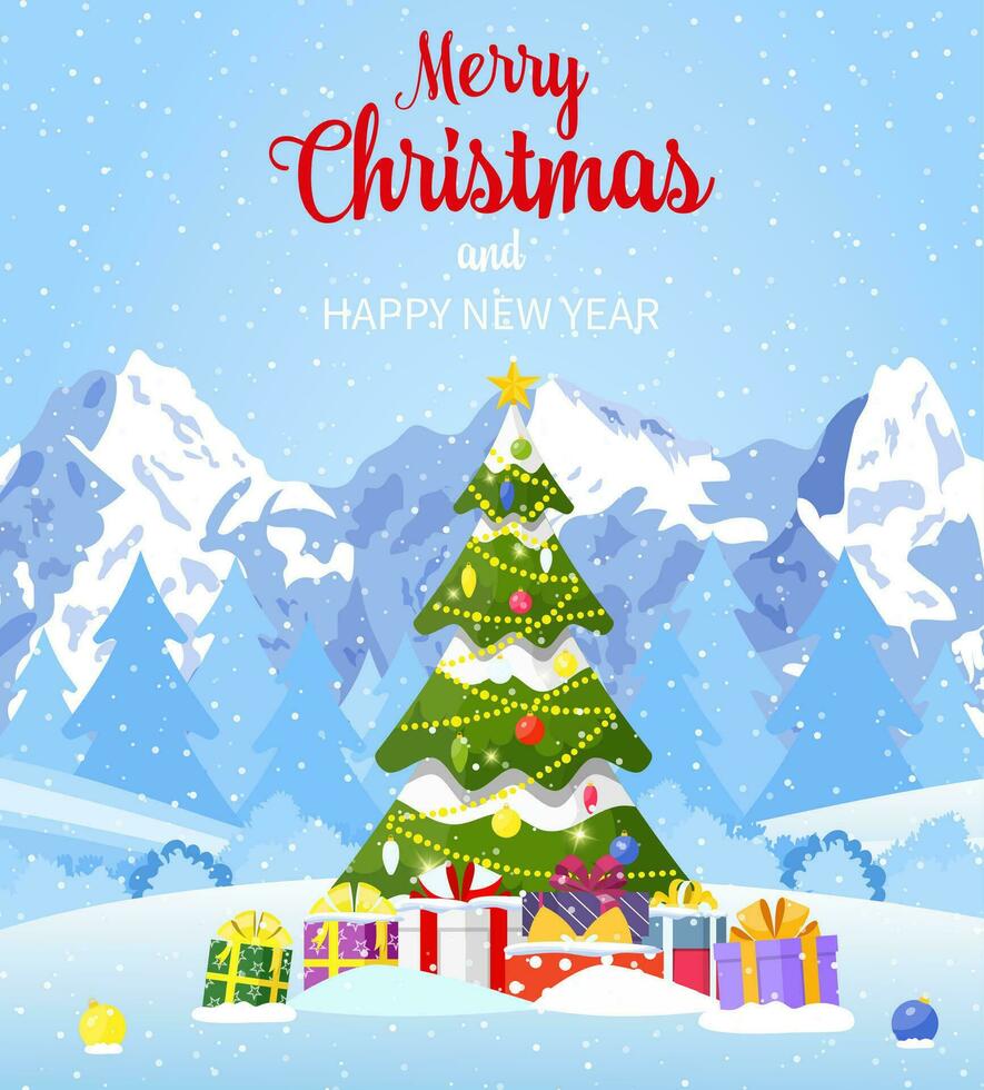 Christmas card. Christmas landscape background withwith christmas tree with gifbox. Merry christmas holiday. New year and xmas celebration. Vector illustration in flat style