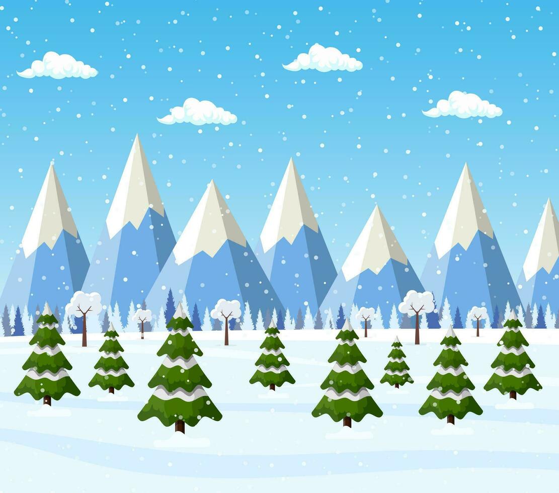 Christmas landscape background with snow and tree. Merry christmas holiday. New year and xmas celebration. Vector illustration in flat style