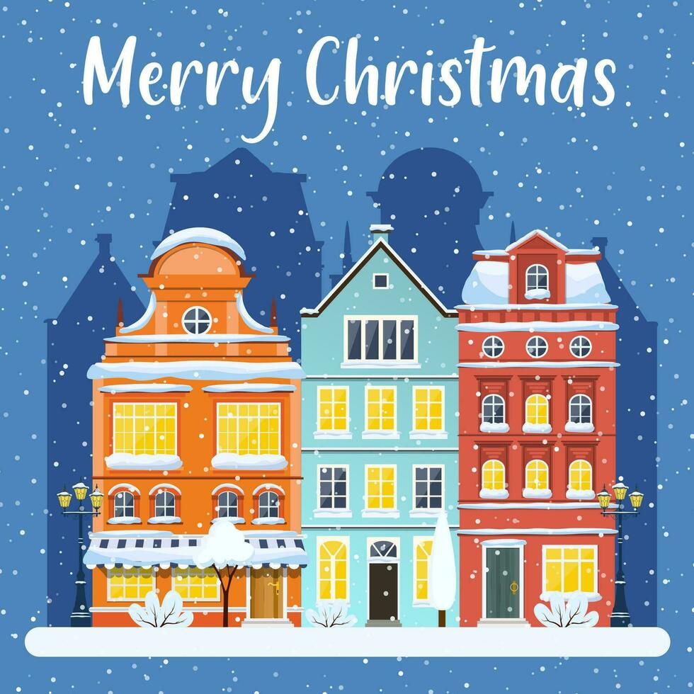 happy new year and merry Christmas winter old town street concept for greeting and postal card, invitation, template. Vector illustration in flat style