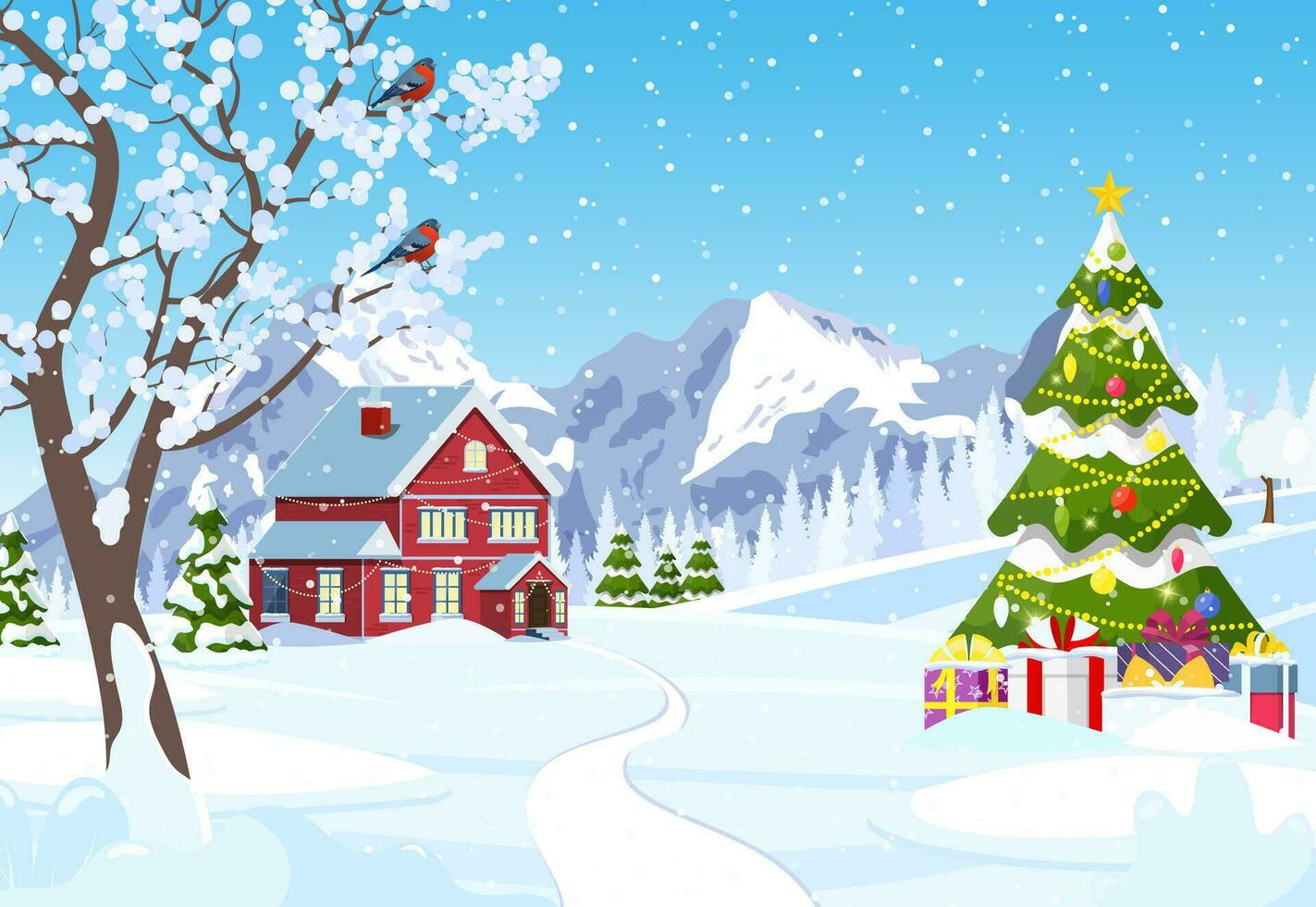 Suburban house covered snow. Building in holiday ornament. Christmas landscape tree spruce. Happy new year decoration. Merry christmas holiday. New year xmas celebration. Vector illustration