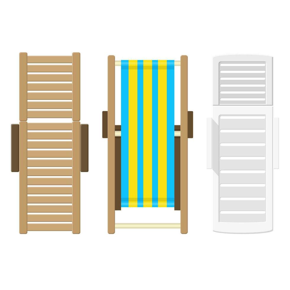 playa haragán parte superior vista. verano fiesta vacaciones cama solar. costa piscina hotel descanso silla. vector ilustración en plano estilo