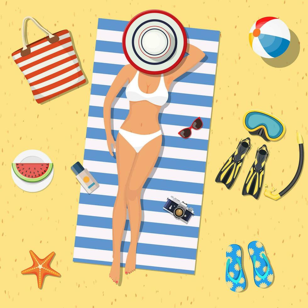 bonito niña es acostado en el playa. niña en el playa con un bikini. verano tiempo. hermosa mujer vistiendo acostado en el playa en un blanco y azul a rayas toalla. vector ilustración en plano estilo