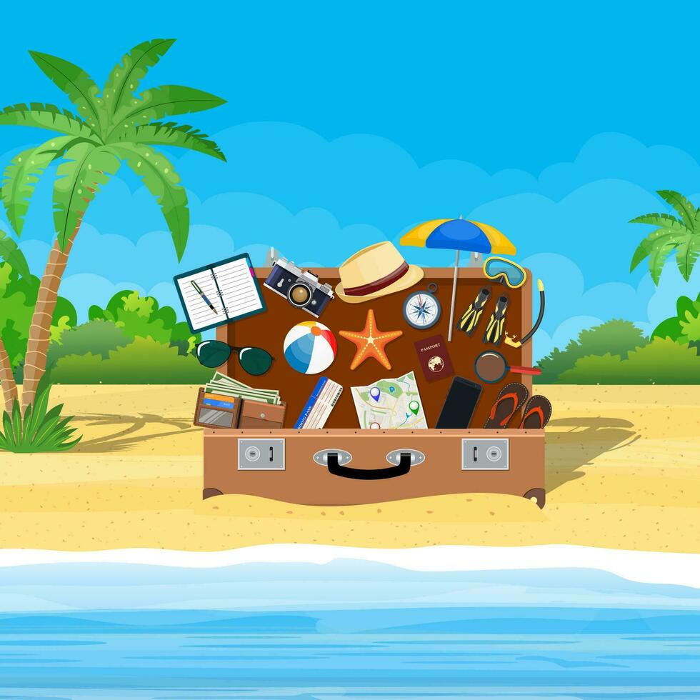 abierto equipaje, equipaje, maletas con viaje íconos y objetos en tropical antecedentes. vector ilustración en plano diseño