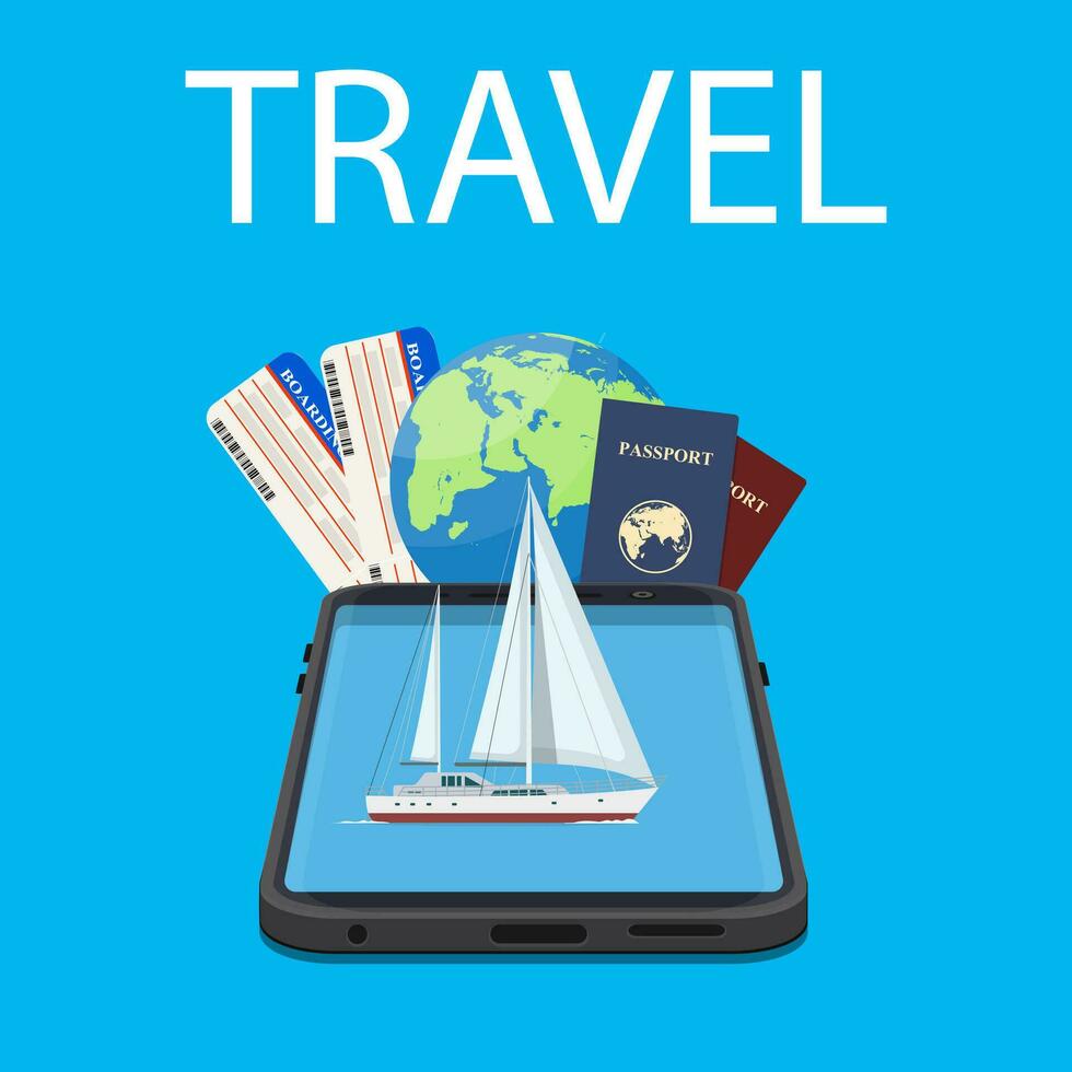 Booking travel through your mobile device. The boat drifting on the phone screen. Suitable For Wallpaper, Banner, Background. Vector illustration in flat style