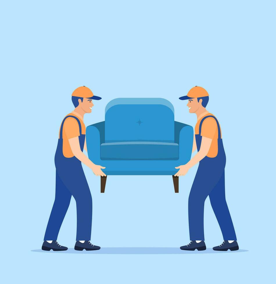 Moving service and delivery company. Delivery character man movers carry sofa. Moving company with loaders and furniture. Delivery and relocation service concept. Vector illustration in flat style