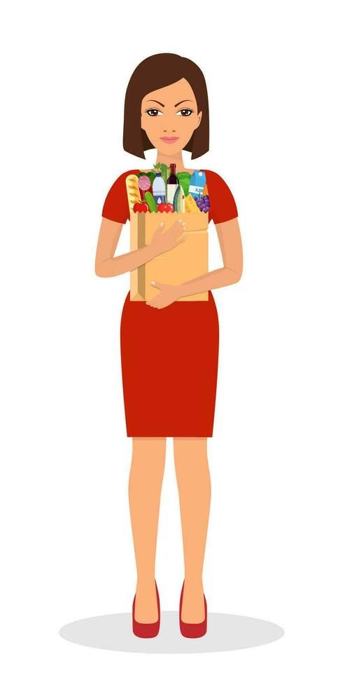 mujer compras en supermercado. mujer sostener tienda de comestibles papel compras bolso con alimento. vector ilustración en plano estilo