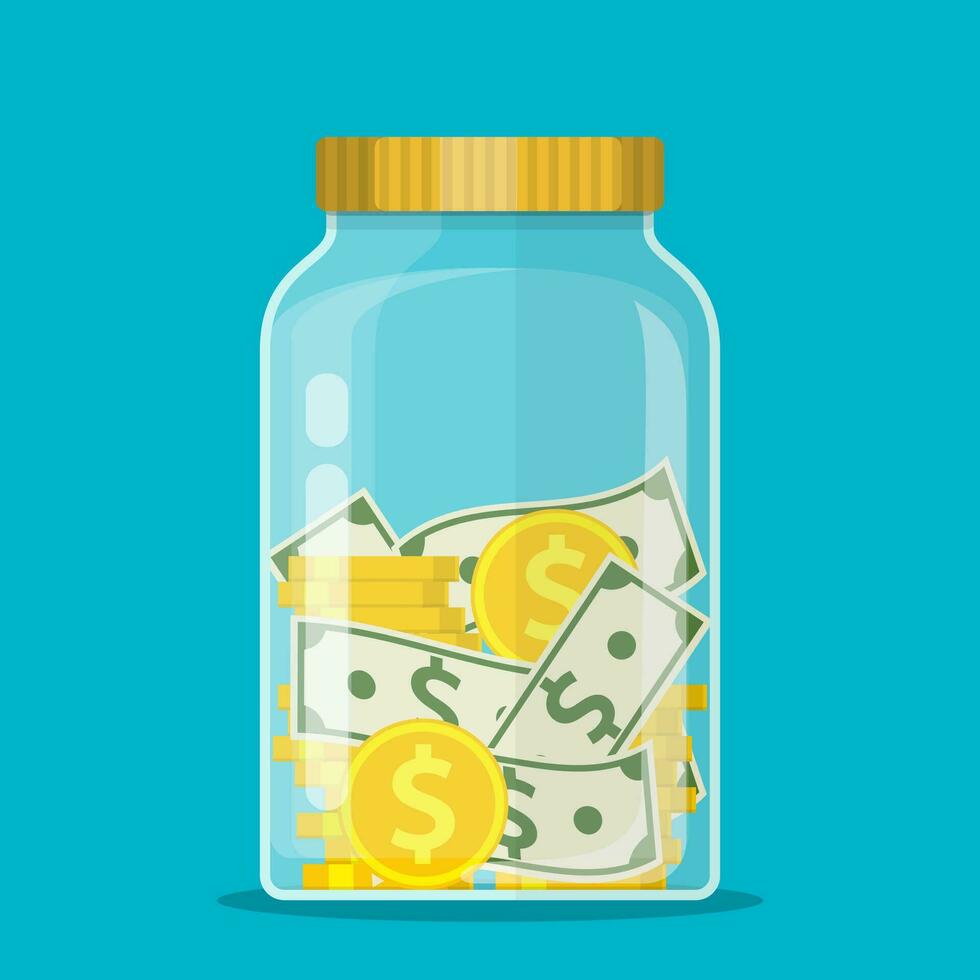 Money Jar. Saving dollar coin in jar.Save your money concept. Vector illustration in flat style