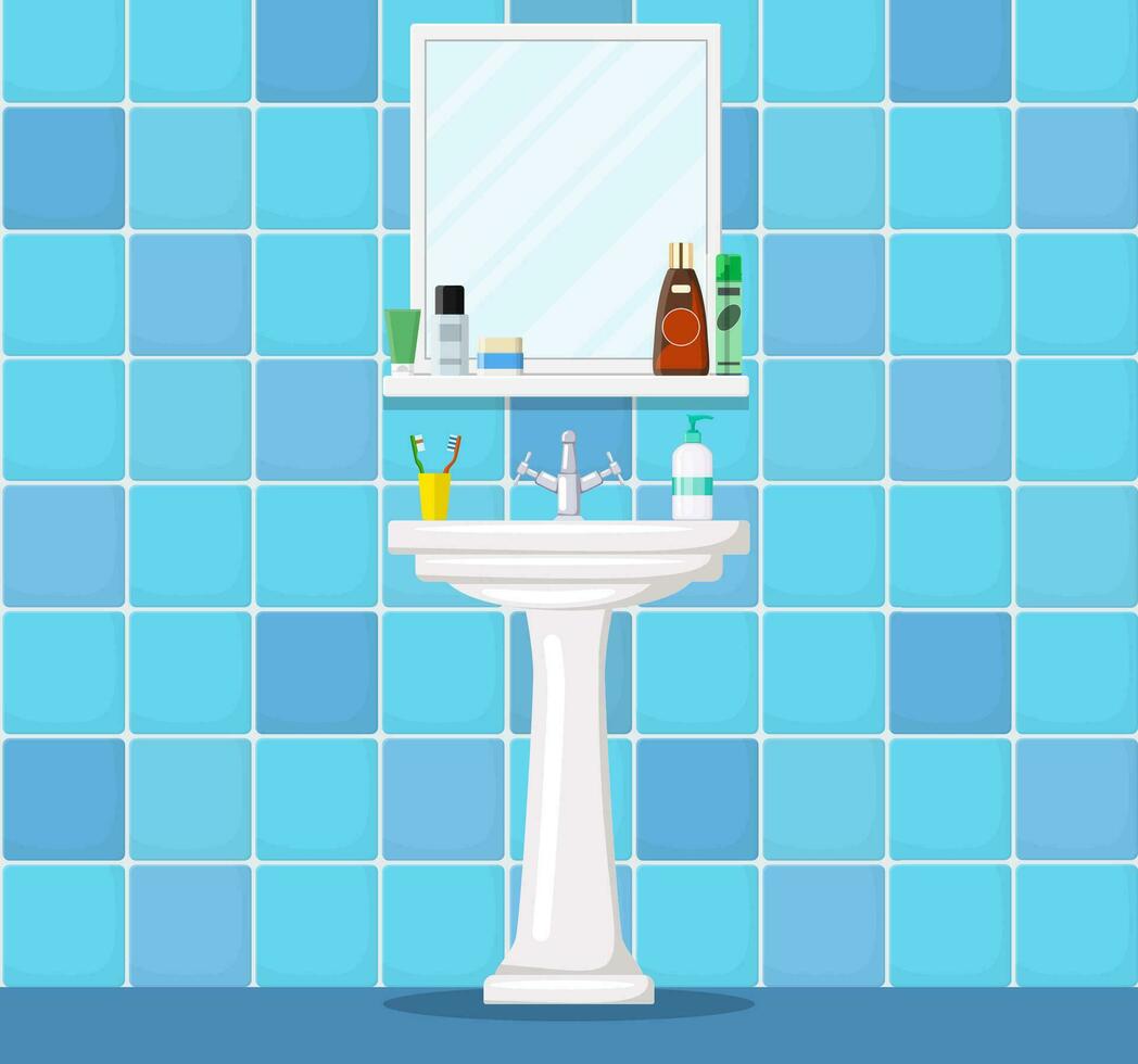 baño lavabo con espejo, cosmético botellas, tarro de crema, líquido jabón, pasta dental y cepillo de dientes. parte de baño interior. vector ilustración en plano estilo