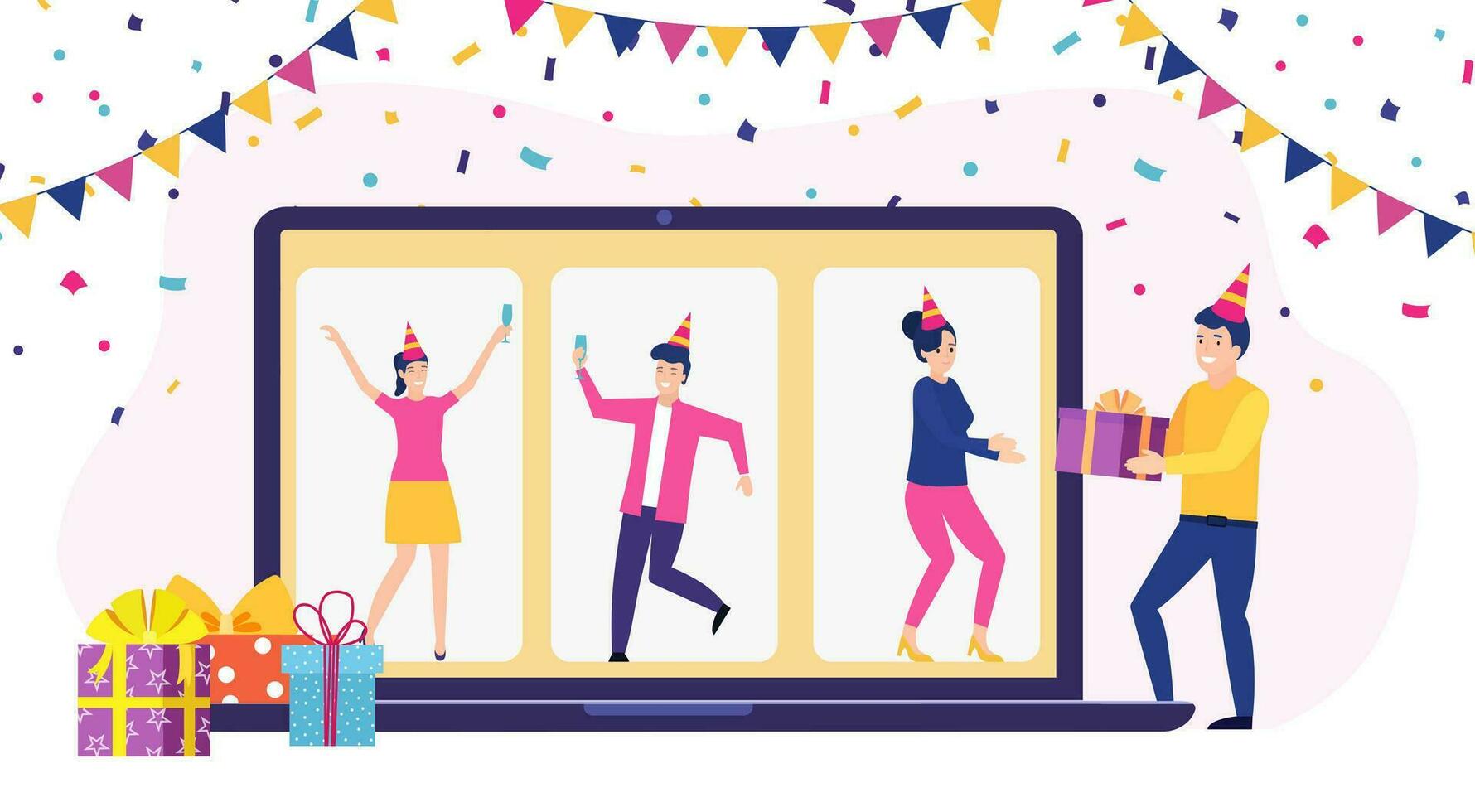 Online party, birthday, meeting friends. People drink wine together in quarantine. Video chat. Birthday party web camera and online holiday. Vector illustration in flat style