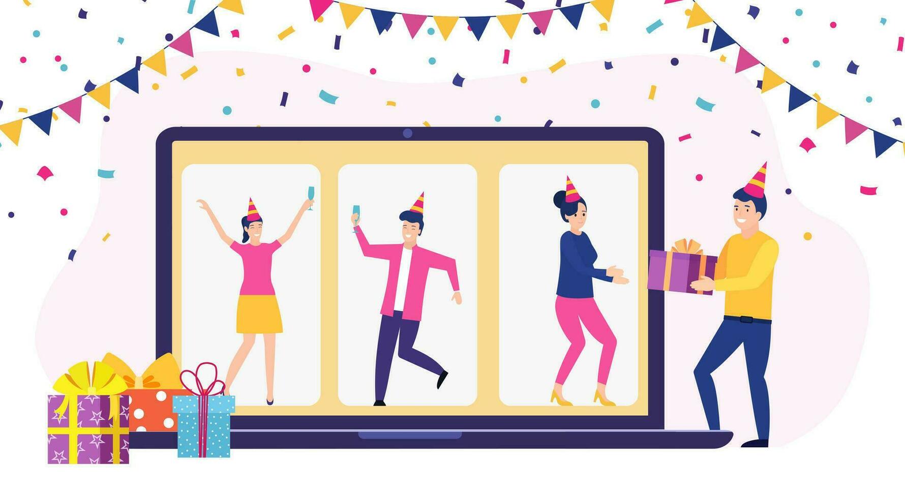 en línea fiesta, cumpleaños, reunión amigos. personas bebida vino juntos en cuarentena. vídeo charlar. cumpleaños fiesta web cámara y en línea día festivo. vector ilustración en plano estilo