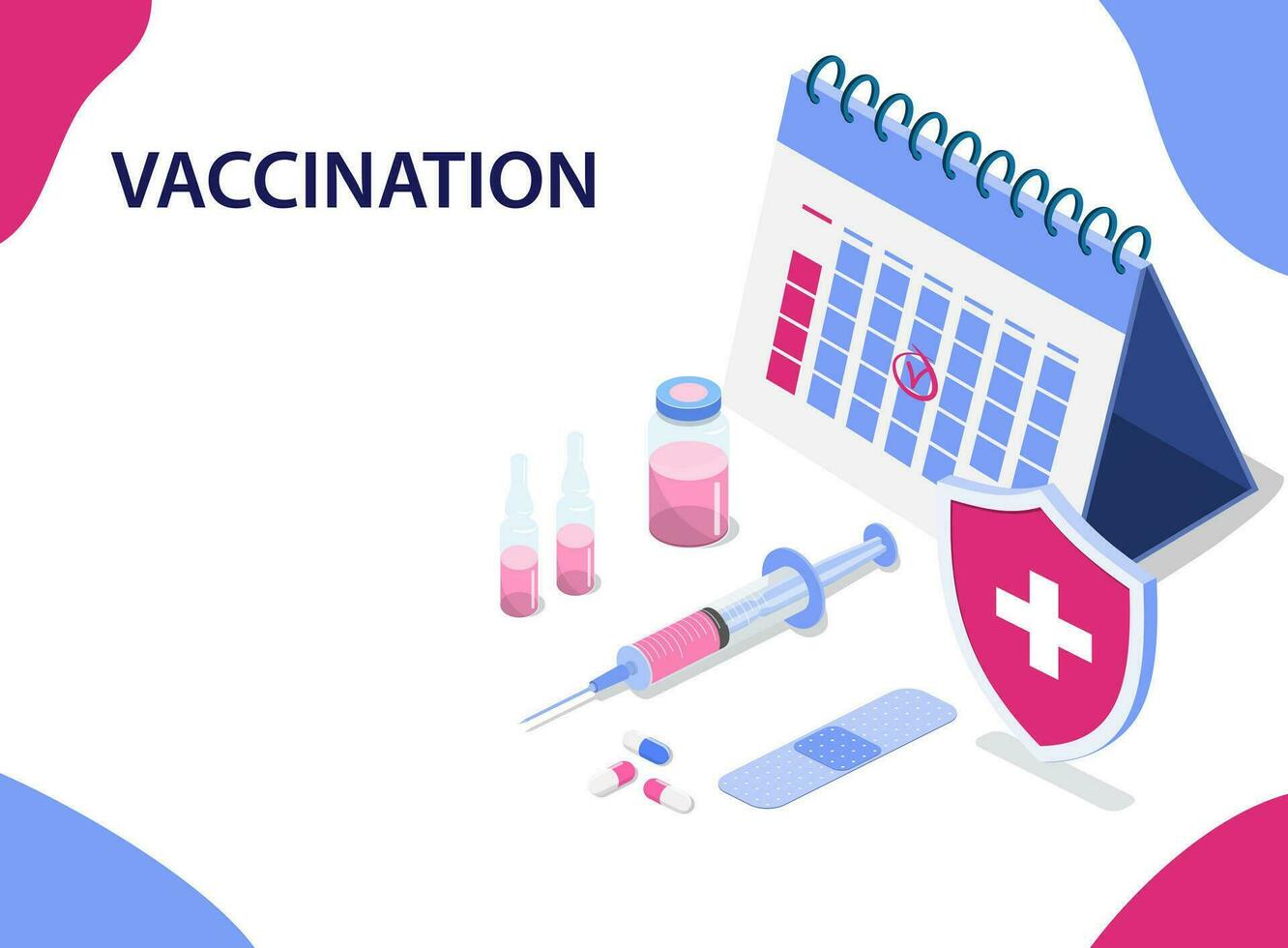 Isometric Time to vaccinate concept. Vaccine for influenza, measles, diphtheria, or rabies. Template with syringe. Protection campaign for immunity. Vector illustration in flat style.