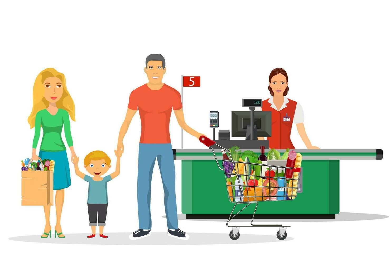 familia compras caracteres colocar, compras, aislado en blanco. grupo gente. centro comercial compras, en línea compras, sano comiendo, familia con comida desde el supermercado. vector ilustración en plano estilo