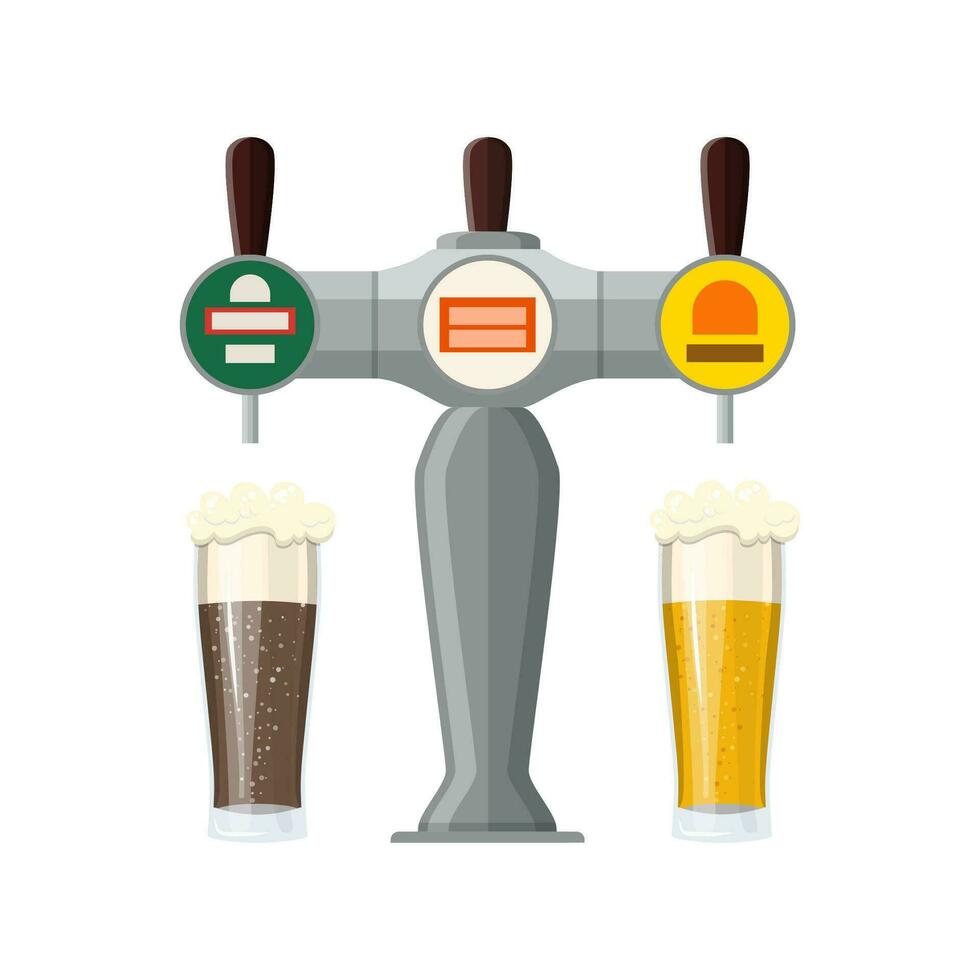 Bar Beer Tap with Beer Glasses isolated on white background. Vector illustration in flat style