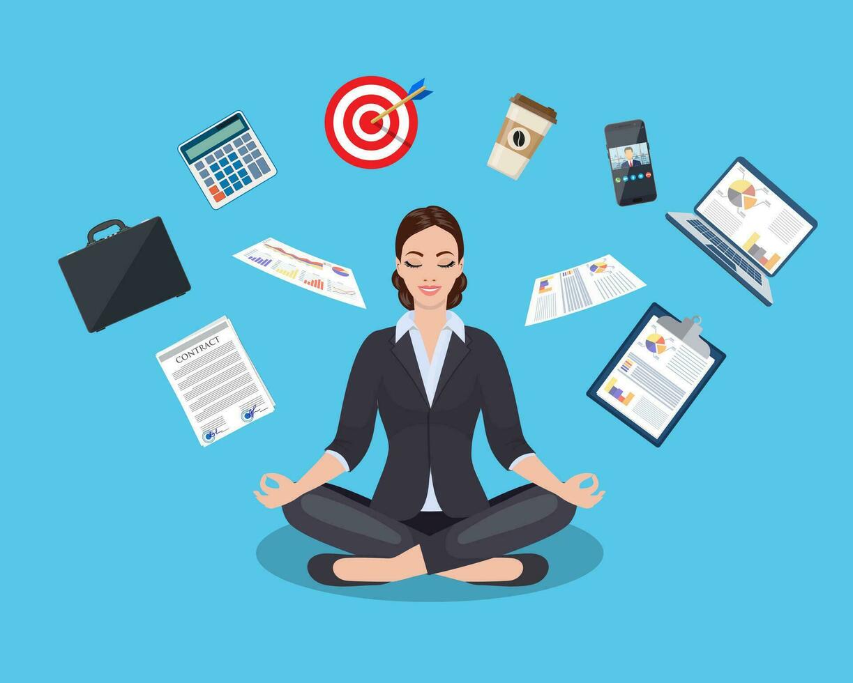 mujer de negocios meditando, hora gestión, estrés alivio y problema resolviendo conceptos, mujer pensando acerca de negocio en loto pose. vector ilustración en plano estilo