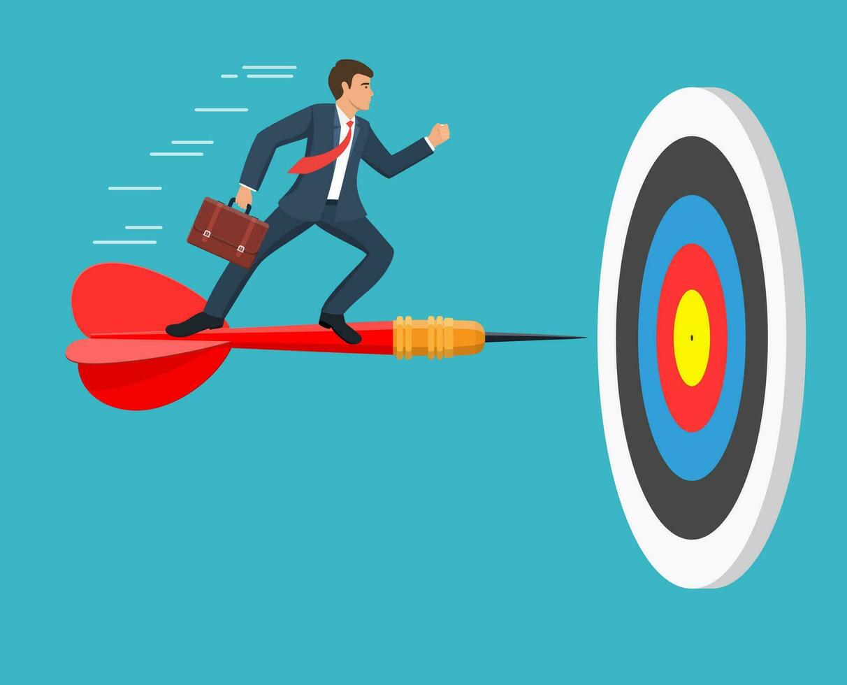 Businessman aim arrow to target. Goal setting. Smart goal. Business target concept. Achievement and success. Vector illustration in flat style
