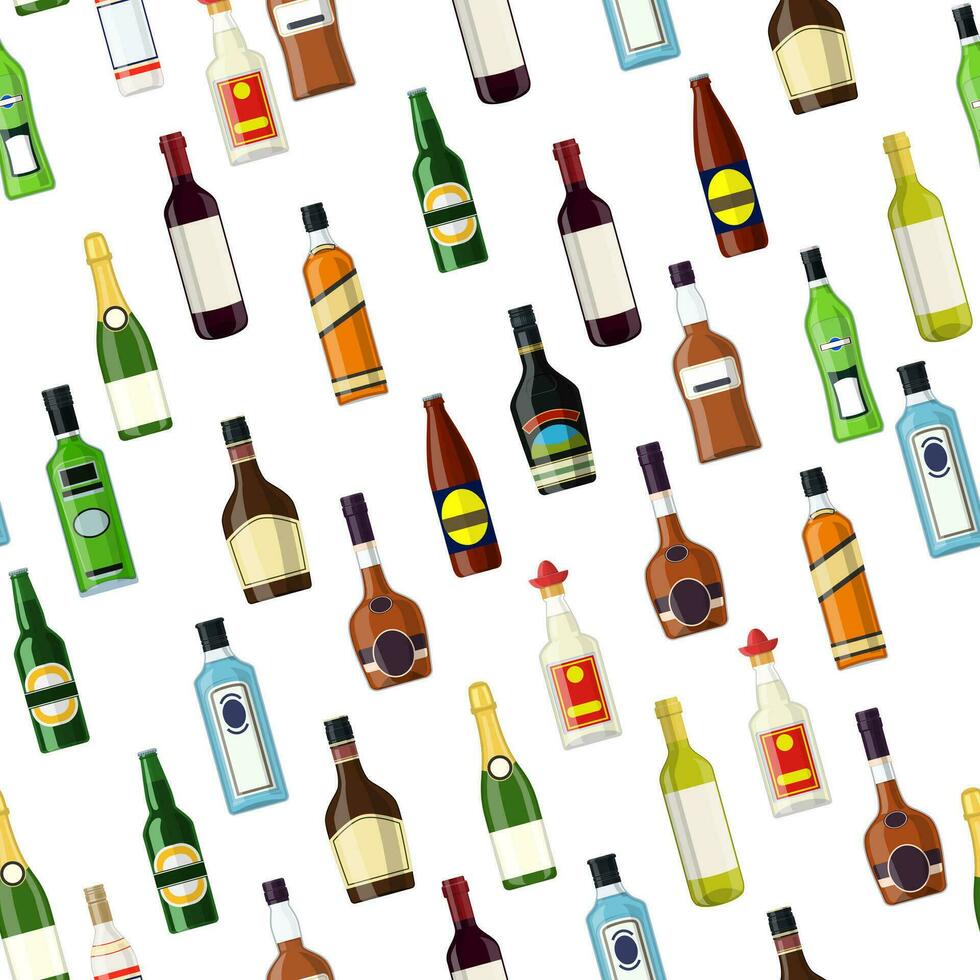 Seamless pattern Background with alcohol bottles. Vodka champagne wine whiskey beer brandy tequila cognac liquor vermouth gin rum absinthe bourbon. Vector illustration in flat style