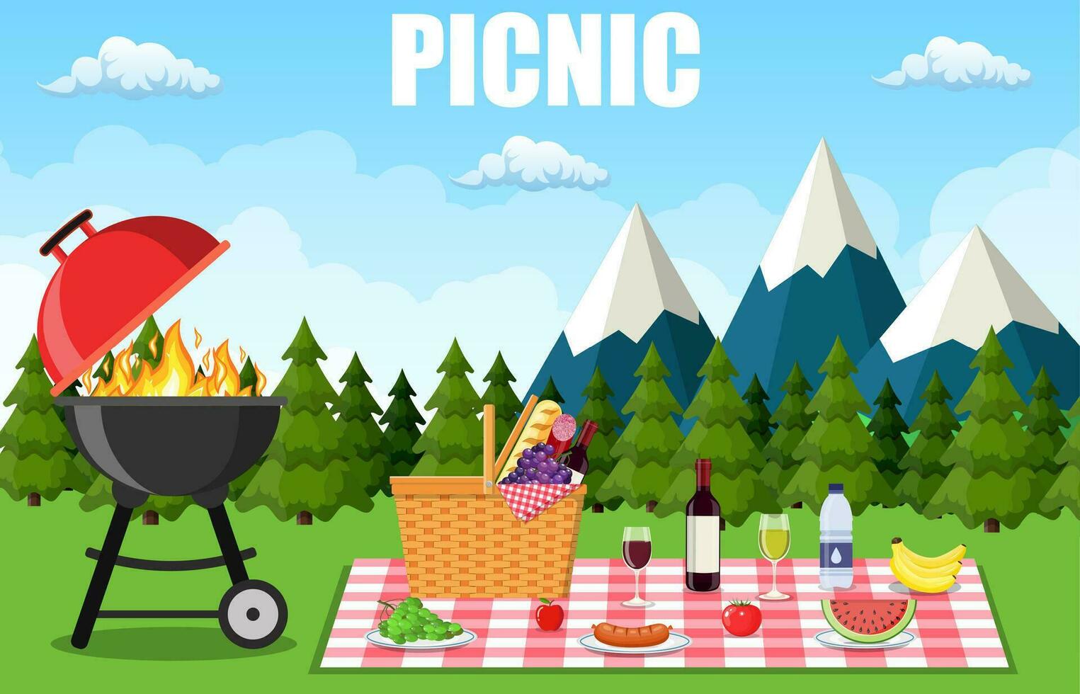 Picnic in the Mountains. WIcker picnic basket full of products. Vector illustration in flat style