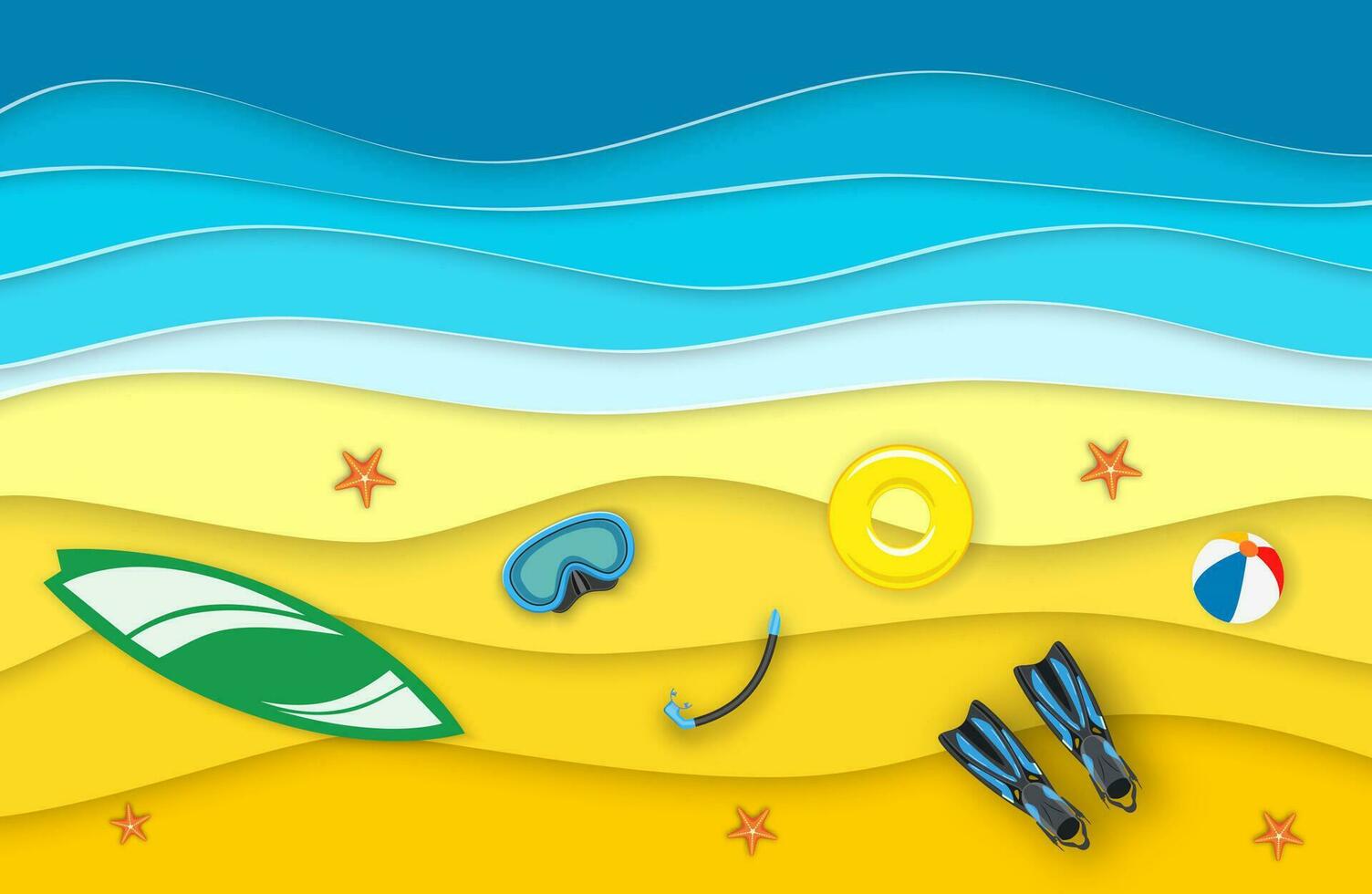 Sea landscape with beach, waves, surf boards. Paper cut out digital craft style. abstract blue sea and beach summer background with paper waves and seacoast. Vector illustration