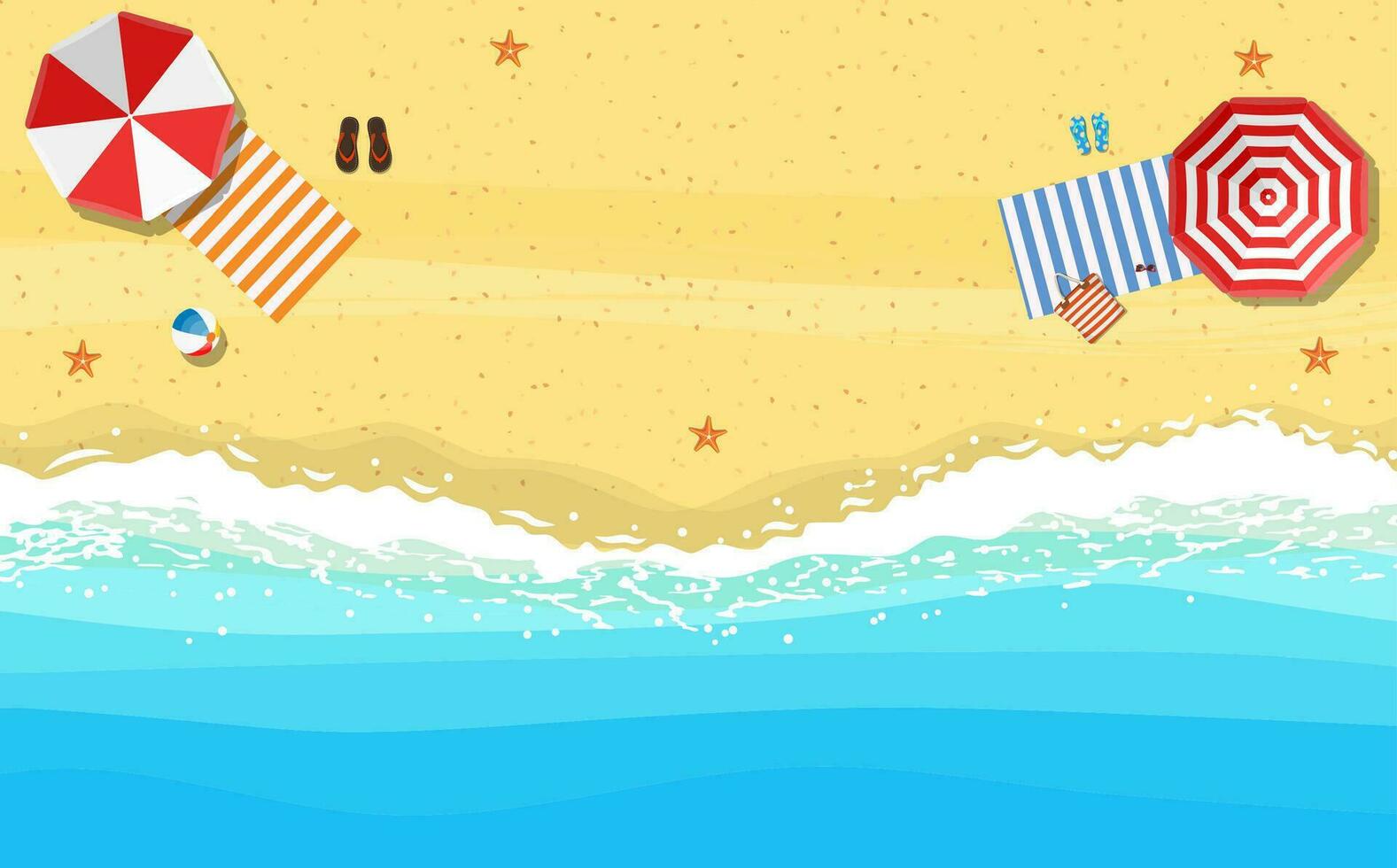 beach sun umbrellas flip-flops and beach Mat on the background of sand near the sea surf with starfish, top view. Vector illustration in flat style