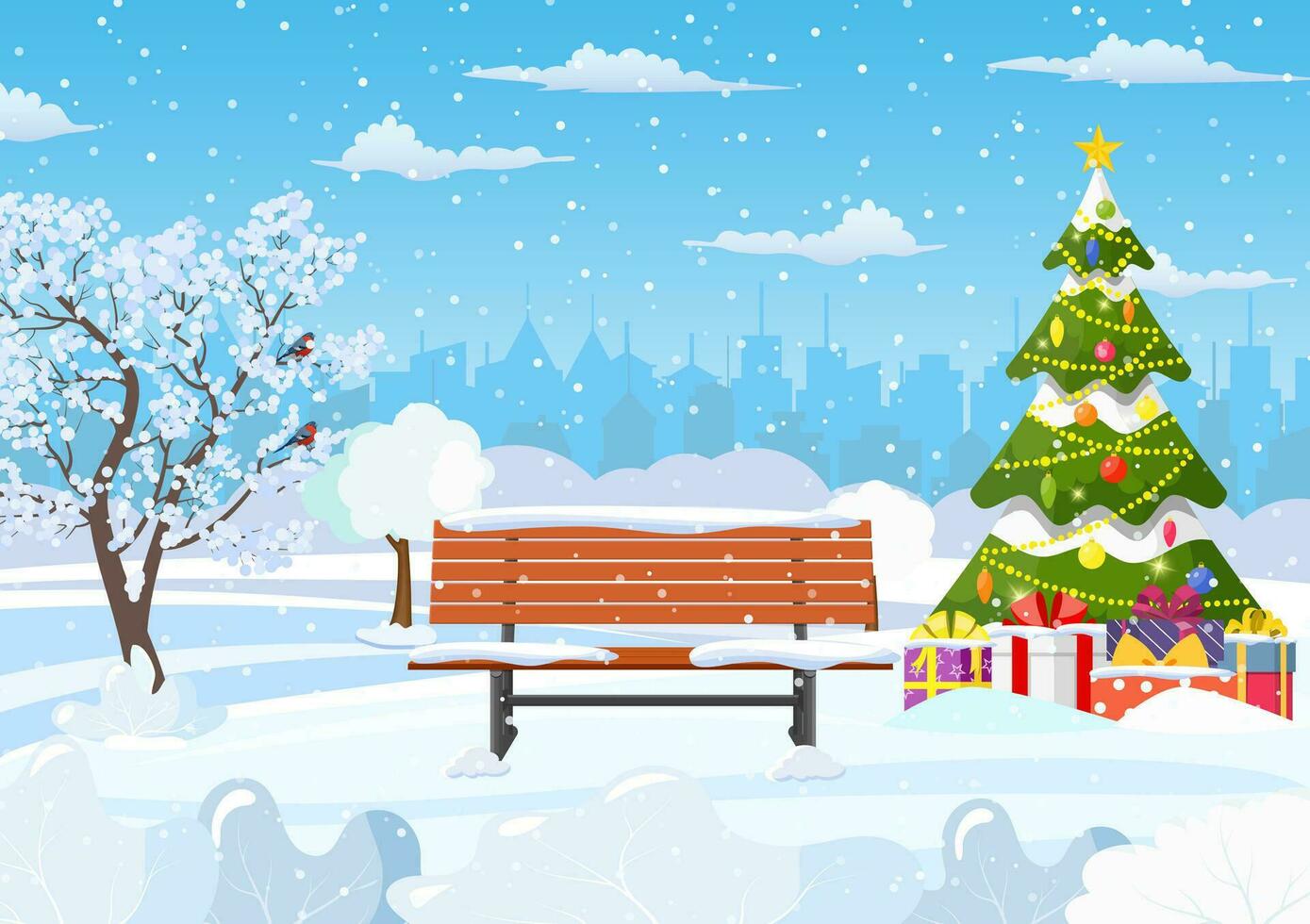 Nevado invierno ciudad parque con Navidad árboles, banco, ciudad horizonte. invierno Navidad paisaje para bandera, póster, web. vector ilustración en plano estilo