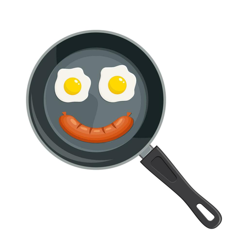 Grilled egg and sausage at frying pan. Cooking food. Fry product. Cooked meal. Smile isolated on white background. Vector illustration in flat style.
