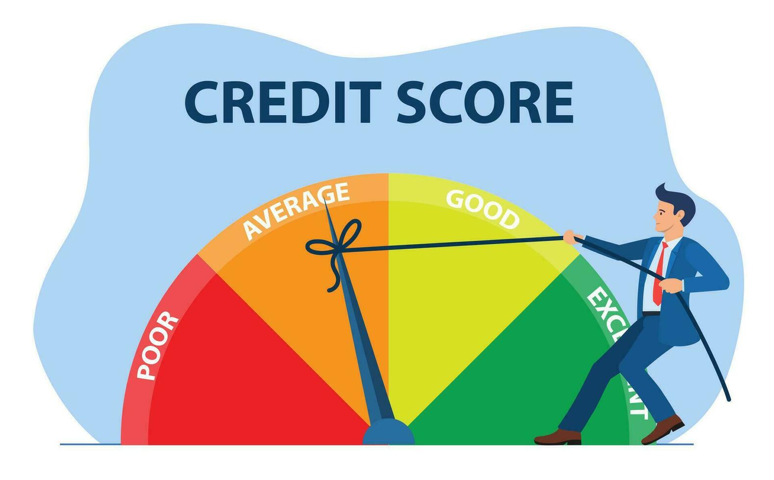 Credit score concept. businessman pulling scale changing credit information from poor to good, excellent. Payment history data meter. Vector illustration in flat style.