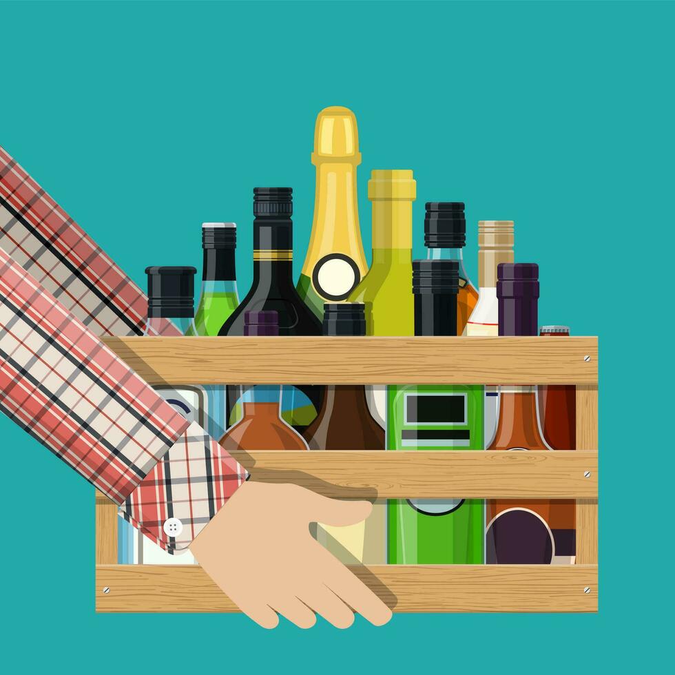 Alcohol drinks collection in box in hand. Bottles with vodka champagne wine whiskey beer brandy tequila cognac liquor vermouth gin rum absinthe bourbon. Vector illustration in flat style