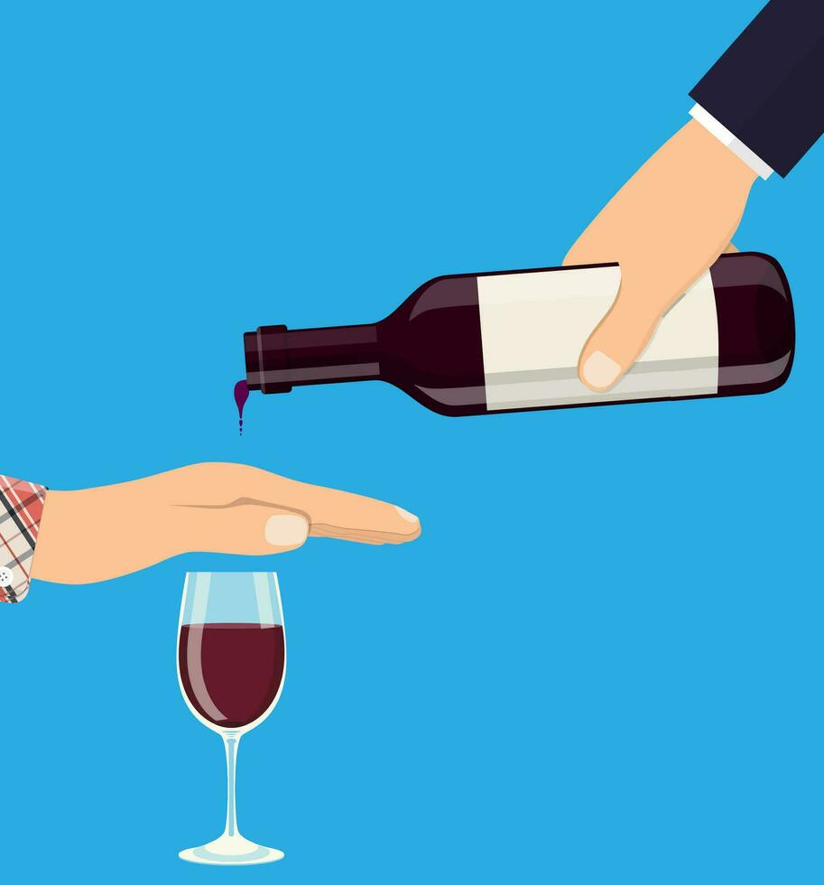 alcohol abuso concepto. mano da botella de vino a otro mano. detener alcoholismo. rechazo. vector ilustración en plano estilo