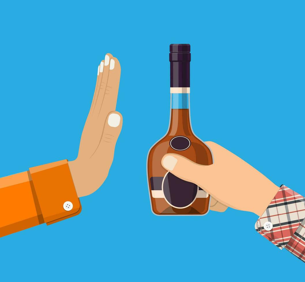 Alcohol abuse concept. Hand gives bottle of Alcohol to other hand. Stop alcoholism. Rejection. Vector illustration in flat style