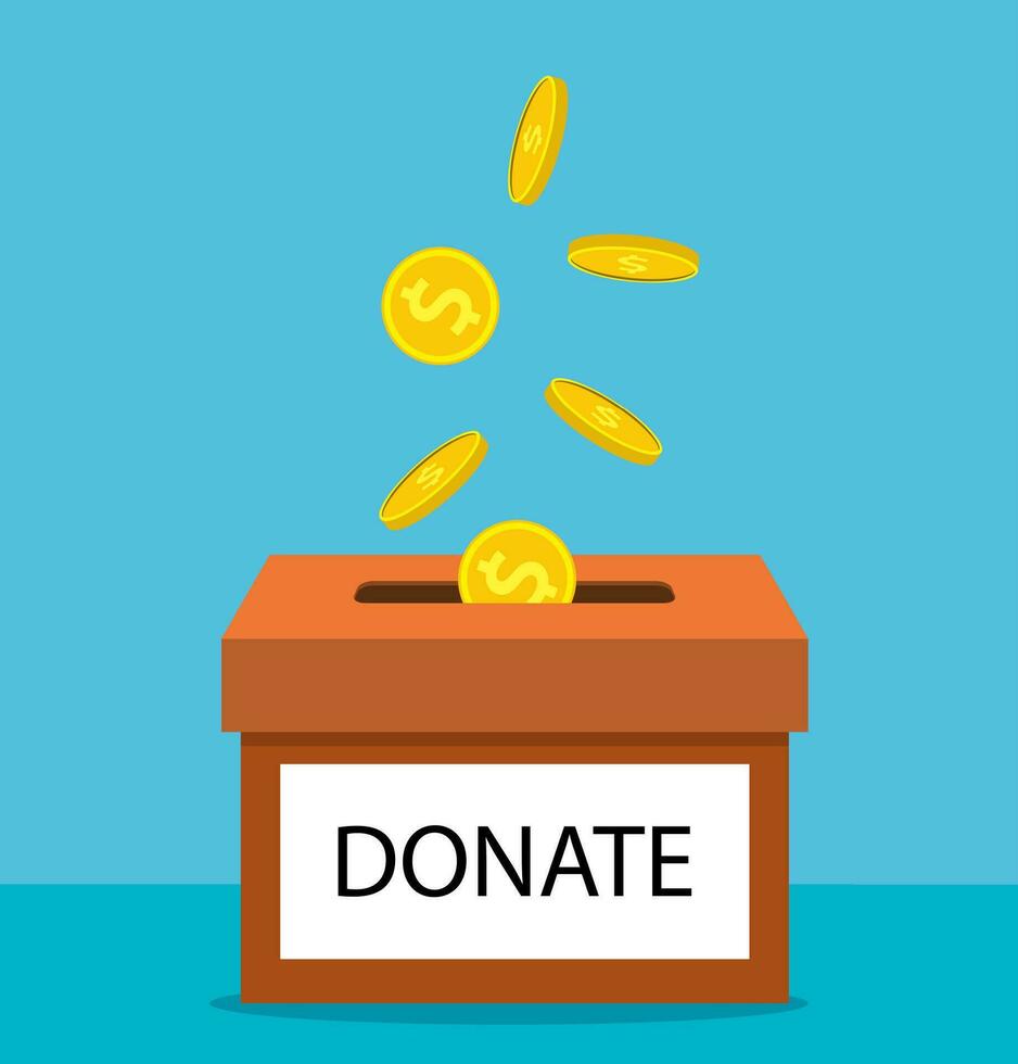 donation concept. Donate money with box Business, finance. coins depositing in a carton box. Vector illustration in flat style