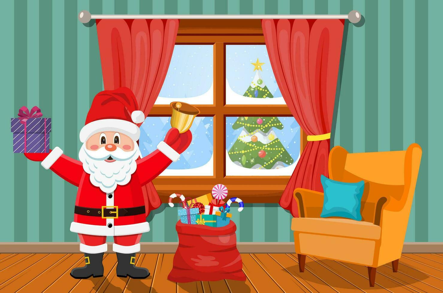 Papa Noel en habitación con Navidad árbol y regalos. vector