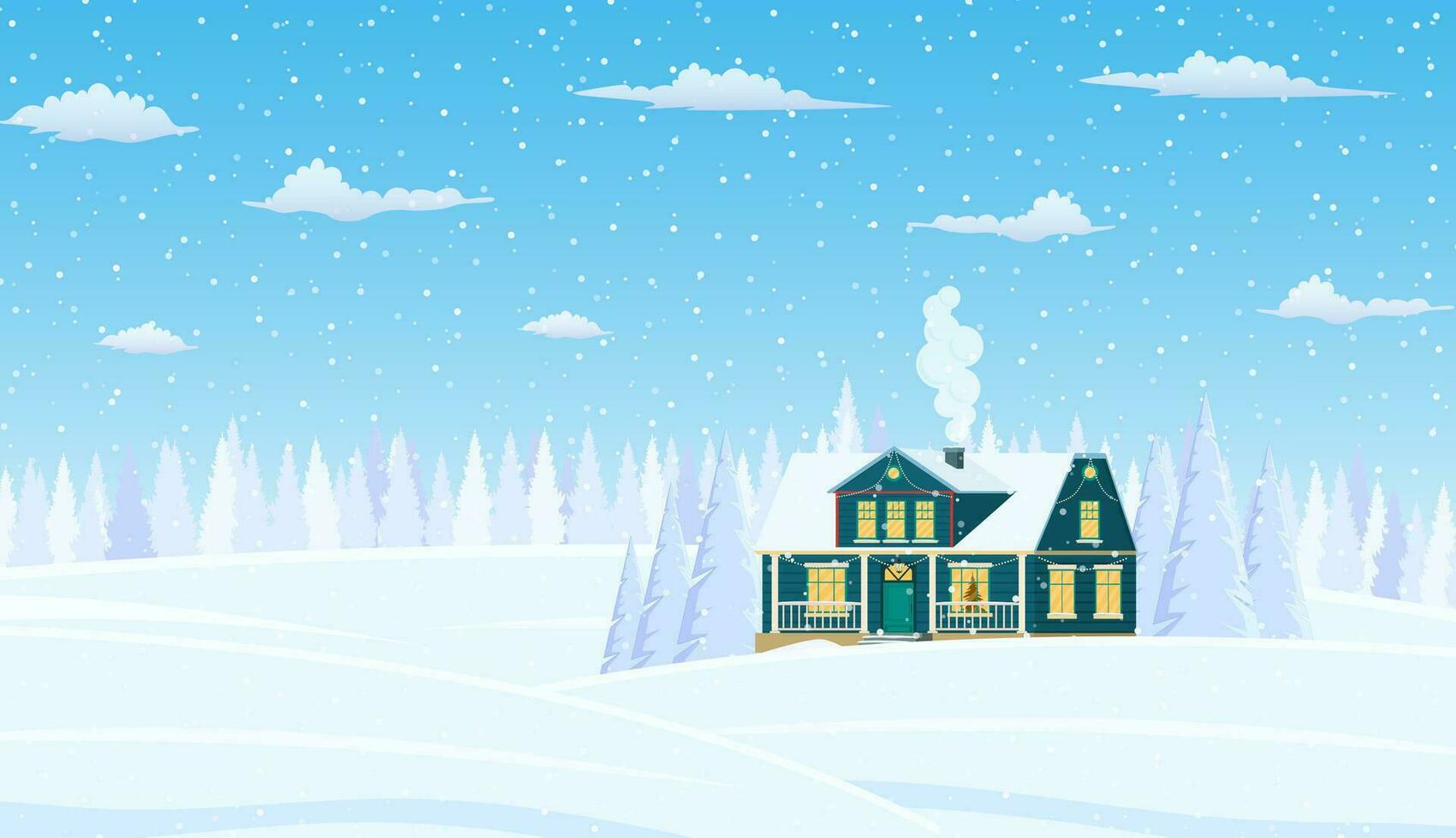 Christmas landscape background with snow and tree. Merry christmas holiday. New year and xmas celebration. Vector illustration in flat style